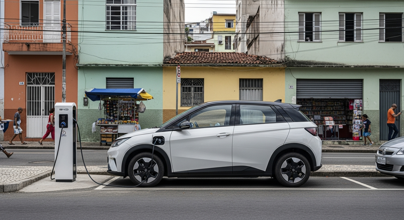 A BYD Dolphin Mini 2026 electric car is plugged into a public charging station on a bustling, realistic street in a Brazilian city, demonstrating its real-world viability and integration into urban infrastructure.
