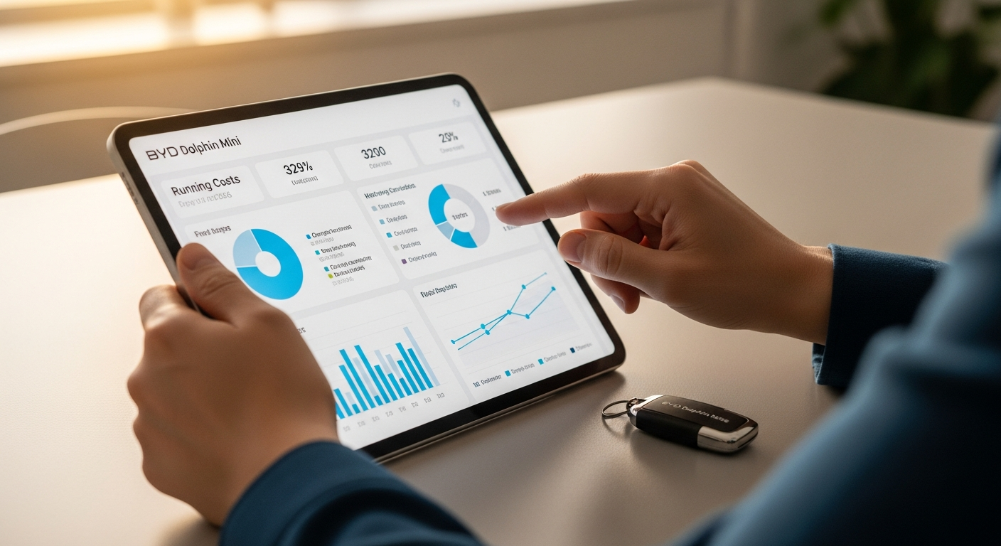 A potential owner of the BYD Dolphin Mini 2026 analyzes data on a tablet, displaying charts and figures related to electric vehicle ownership costs and energy consumption, offering practical tips for financial planning.