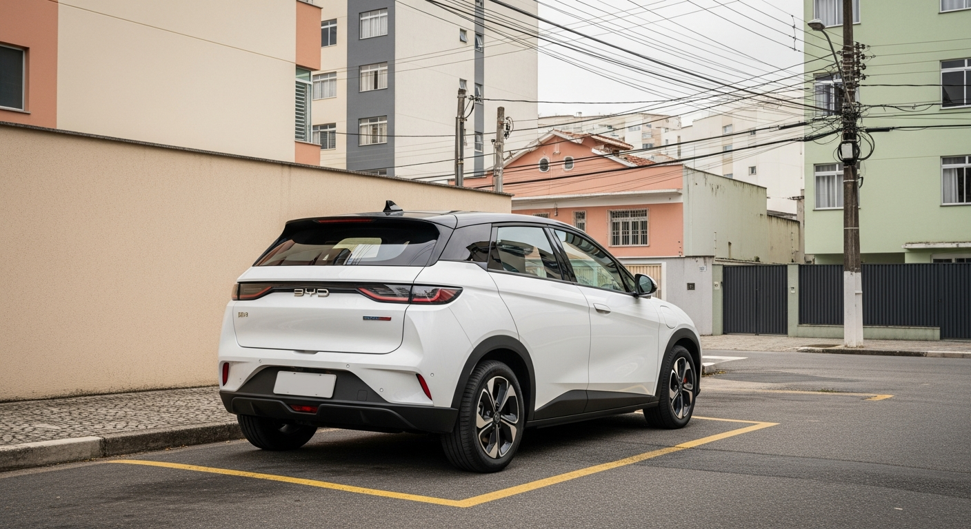 The rear quarter of a BYD Dolphin Mini 2026 electric car is parked on a typical, slightly narrow urban Brazilian street, subtly highlighting common questions about infrastructure and practical integration for new EV owners.