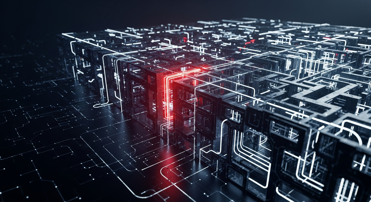 Uma rede intrincada de dados brilhantes com pontos de alerta vermelhos, representando os desafios éticos e a governança da inteligência artificial.