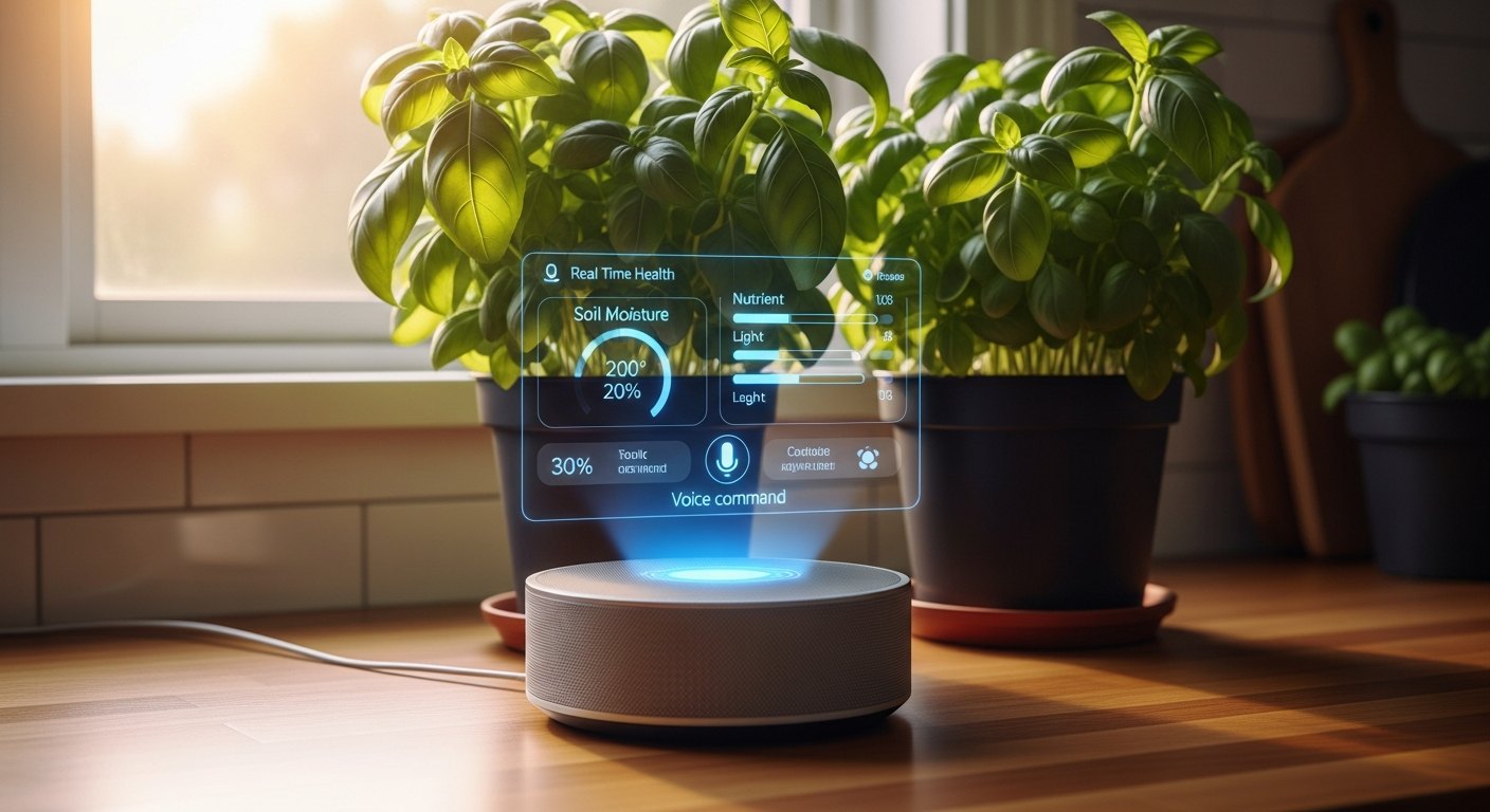 Uma imagem macro de um assistente de voz IA moderno com uma interface holográfica detalhada exibindo dados de saúde de plantas, posicionado ao lado de vasos de manjericão vibrantes em um balcão de cozinha iluminado pelo sol. O Lançamento: Assistentes de Voz IA revoluciona o cuidado com a jardinagem.