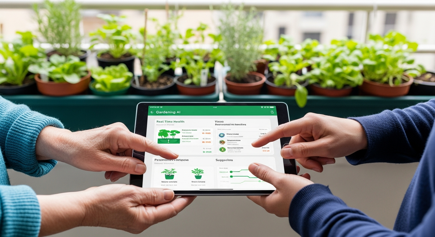 Mãos diversas interagem com um tablet exibindo um aplicativo de jardinagem IA, com um jardim vibrante em segundo plano. Esta imagem ilustra como o Lançamento: Assistentes de Voz IA democratiza a jardinagem para todas as idades.