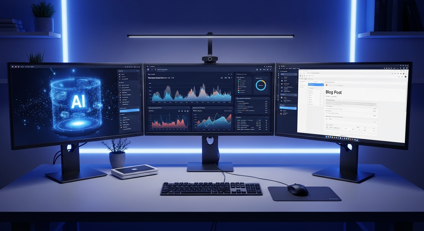 Uma estação de trabalho futurista com múltiplos monitores, exibindo ferramentas de IA, análises de dados e um rascunho de blog, representando as tendências e tecnologias essenciais para quem se pergunta se vale a pena ter um blog em 2026.