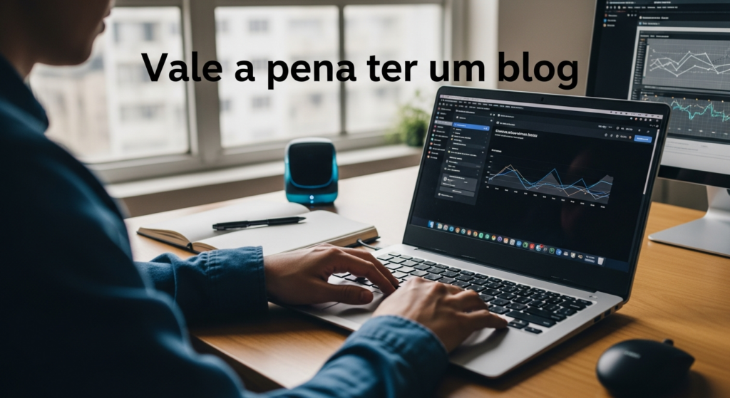 Pessoa analisando dados de blog e ferramentas de IA em tela holográfica, representando o futuro do blogging em 2026.